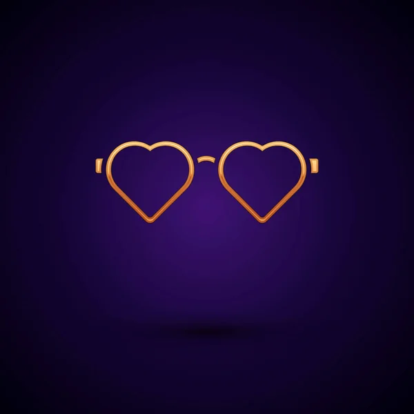 Altın Kalp Şekilli Aşk Gözlüğü Simgesi Koyu Mavi Arka Planda — Stok Vektör