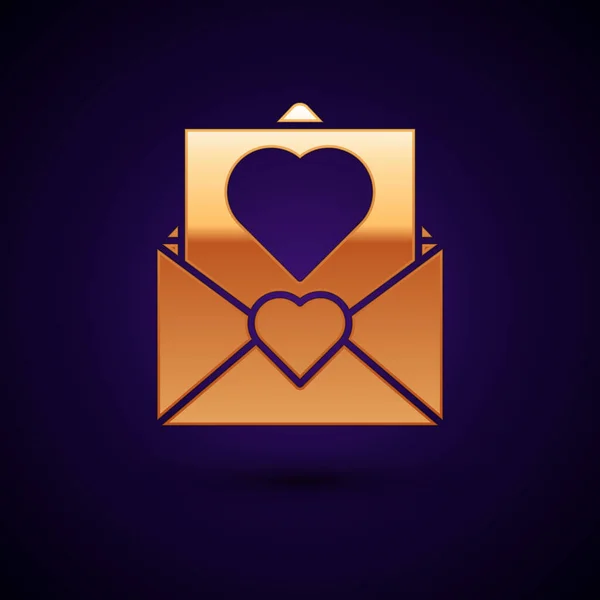 Envelope Ouro Com Ícone Coração Valentine Isolado Fundo Azul Escuro — Vetor de Stock