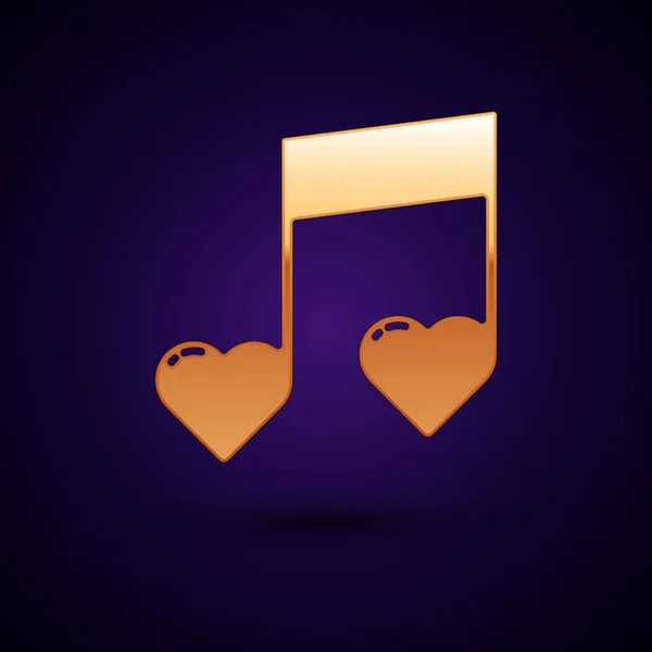 Gold Music Note Tone Hearts Icon Isolated Dark Blue Background — Stock Vector