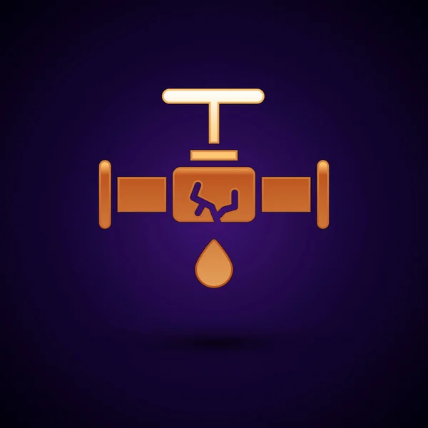 Gold Broken metal pipe with leaking water icon isolated on black background.  Vector Illustration.