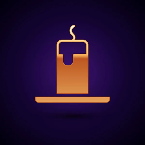 Goldbrennendes Kerzensymbol Isoliert Auf Schwarzem Hintergrund Zylindrischer Kerzenstock Mit Brennender — Stockvektor