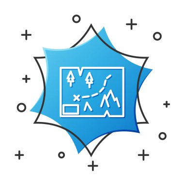 Beyaz çizgi katlanmış harita beyaz arkaplanda izole edilmiş konum imleci simgesi. Mavi altıgen düğmesi. Vektör İllüstrasyonu.