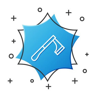 Beyaz çizgi tahta balta simgesi beyaz arkaplanda izole edildi. Oduncu baltası. Mavi altıgen düğmesi. Vektör İllüstrasyonu.