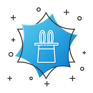 Beyaz çizgi sihirbaz şapkası ve tavşan kulağı simgesi beyaz arka planda izole edilmiş. Sihir numarası. Gizemli eğlence konsepti. Mavi altıgen düğmesi. Vektör İllüstrasyonu.