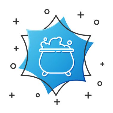 Beyaz çizgi cadı kazanı simgesi beyaz arkaplanda izole edildi. Mutlu Cadılar Bayramı Partisi. Mavi altıgen düğmesi. Vektör İllüstrasyonu.