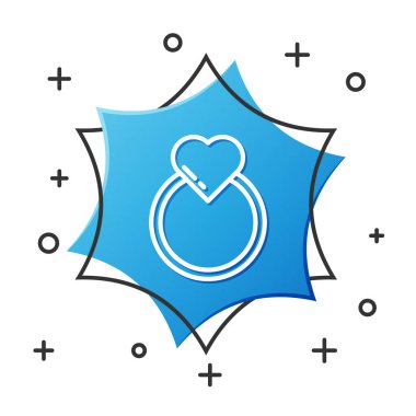 Beyaz çizgi alyans simgesi beyaz arkaplanda izole edildi. Gelin ve damat mücevher tabelası. Evlilik sembolü. Elmas yüzük. Mavi altıgen düğmesi. Vektör İllüstrasyonu.