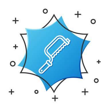 Beyaz çizgi testeresi simgesi beyaz arkaplanda izole edildi. Tahta ve metal testeresi. Mavi altıgen düğmesi. Vektör İllüstrasyonu.