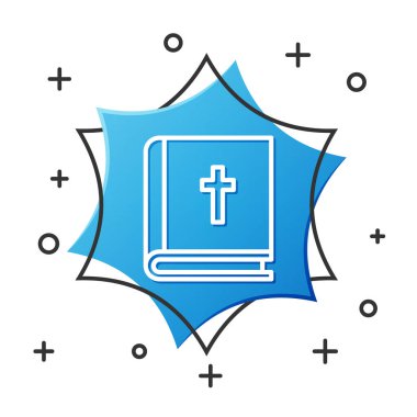 Beyaz çizgi. Kutsal İncil ikonu beyaz arka planda izole edilmiş. Mavi altıgen düğmesi. Vektör İllüstrasyonu.