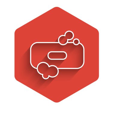 Uzun gölgeli beyaz çizgi sabun ikonu. Köpüklü sabun çubuğu. Kırmızı altıgen düğmesi. Vektör İllüstrasyonu.