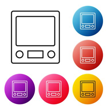 Siyah çizgi Elektronik ölçek simgesi beyaz arkaplanda izole edildi. Ağırlık ölçüm aletleri. Renkli daire düğmelerini ayarlayın. Vektör.