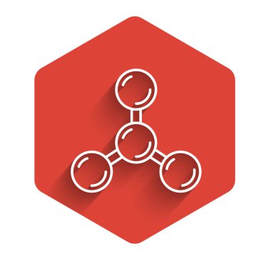 Beyaz çizgi Molekül simgesi uzun gölgeli izole edilmiş. Kimya moleküllerinin yapısı, fen öğretmenlerinin yenilikçi eğitim posteri. Kırmızı altıgen düğmesi. Vektör.