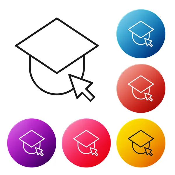 Beyaz arka planda izole edilmiş dünya ikonundaki siyah çizgi mezuniyet şapkası. Dünya eğitim sembolü. Çevrimiçi öğrenme ya da e-öğrenme kavramı. Renkli daire düğmelerini ayarlayın. Vektör İllüstrasyonu.