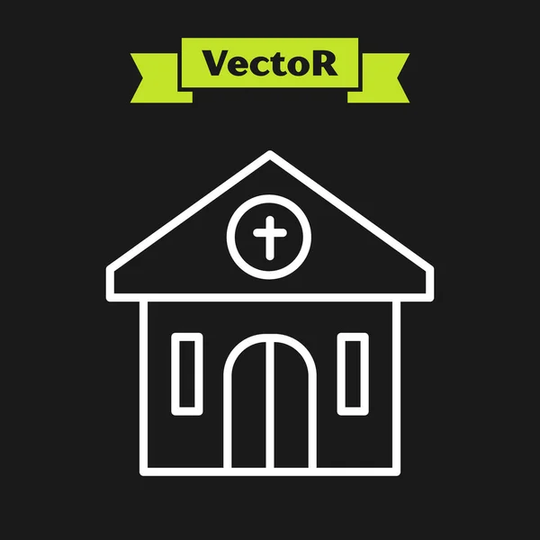 Witte Lijn Kerk Gebouw Pictogram Geïsoleerd Zwarte Achtergrond Christelijke Kerk — Stockvector