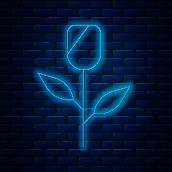 Leuchtende Neon Linie Blume Rose Symbol Isoliert Auf Backsteinwand Hintergrund — Stockvektor