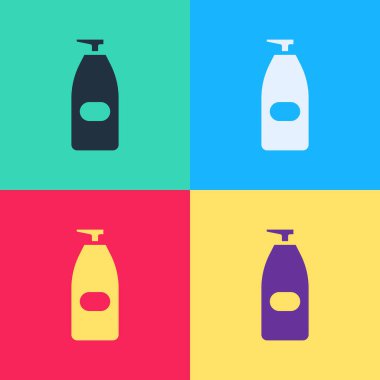 Bir şişe sıvı antibakteriyel sabun ve renkli arka planda izole edilmiş şeker ikonu. Antiseptik. Dezenfeksiyon, hijyen, cilt bakımı. Vektör İllüstrasyonu.