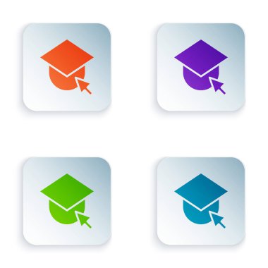 Beyaz arkaplanda izole edilmiş dünya ikonundaki renk derecelendirme başlığı. Dünya eğitim sembolü. Çevrimiçi öğrenme ya da e-öğrenme kavramı. Kare düğmelere renkli simgeleri yerleştir. Vektör İllüstrasyonu.