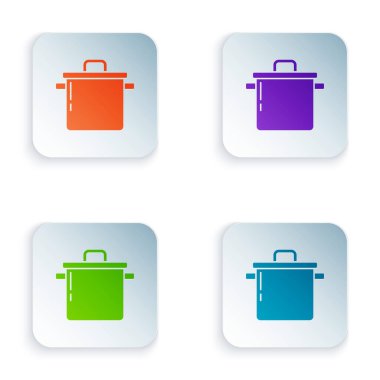 Beyaz arkaplanda izole edilmiş renkli tencere simgesi. Haşlama ya da güveç besin sembolü. Kare düğmelere renkli simgeleri yerleştir. Vektör.