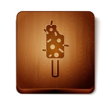 Kahverengi dondurma ikonu beyaz arka planda izole edilmiş. Güzel sembol. Tahta kare düğme. Vektör.