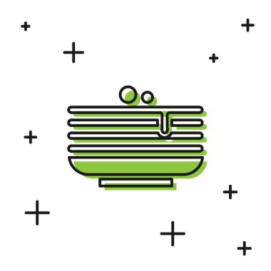 Siyah krep yığını beyaz arka planda izole edilmiş. Şerbetli ve kirazlı fırın. Kahvaltı konsepti. Vektör.