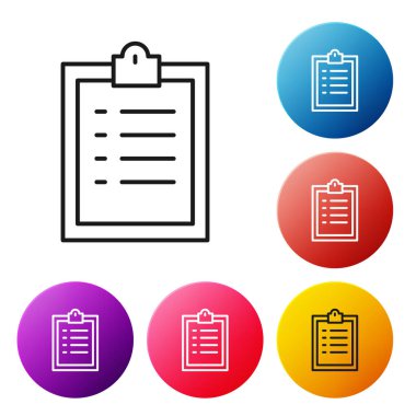 Beyaz arkaplanda kontrol listesi simgesi izole edilmiş siyah çizgi panosu. Kontrol listesi sembolü. Anket anketi ya da anket geri bildirim formu. Renkli daire düğmelerini ayarlayın. Vektör İllüstrasyonu.