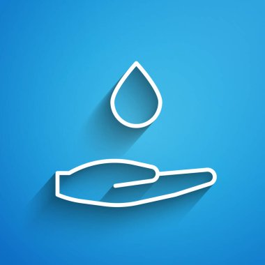 Mavi arka planda izole edilmiş sabun ikonu ile ellerini yıkayan beyaz çizgi. Virüs ve bakterileri önlemek için ellerini sabunla yıkıyorsun. Uzun gölge. Vektör İllüstrasyonu.