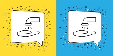 Sarı ve mavi arkaplanda izole edilmiş sabun ikonu ile el yıkama hattı kurun. Virüs ve bakterileri önlemek için ellerini sabunla yıkıyorsun. Vektör İllüstrasyonu.