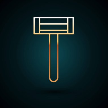 Altın çizgili tıraş makinesi simgesi koyu mavi arkaplanda izole edilmiş. Vektör İllüstrasyonu.