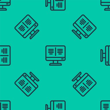 Monitör simgesi üzerindeki Mavi Hat Online kitabı yeşil arkaplanda izole edilmiş pürüzsüz desen. İnternet eğitimi konsepti, e-öğrenme kaynakları. Vektör İllüstrasyonu.