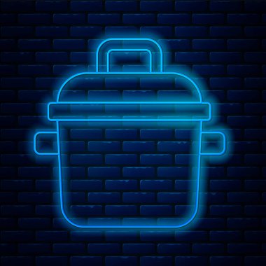 Parlayan neon hattı tuğla duvar arkasında izole edilmiş tencere ikonu. Haşlama ya da güveç besin sembolü. Vektör.