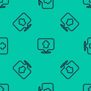 Mavi çizgi şefi şapkası ve konum simgesi yeşil arka planda izole edilmiş pürüzsüz desen. Aşçılık sembolü. Aşçı şapkası. Vektör.