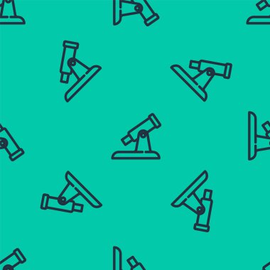 Mavi çizgi Teleskop simgesi yeşil arkaplandaki kusursuz deseni izole etti. Bilimsel bir alet. Eğitim ve astronomi elementi, dürbün ve çalışma yıldızları. Vektör.