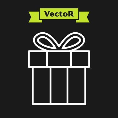 Beyaz çizgi hediye kutusu simgesi siyah arkaplanda izole edildi. Doğum günün kutlu olsun. Vektör.