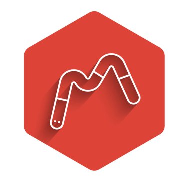 Beyaz çizgi jöle solucanları uzun gölgeli izole şeker ikonu. Kırmızı altıgen düğmesi. Vektör.