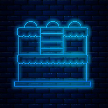 Parlayan neon hattı pasta simgesi tuğla duvar arkasında izole edildi. Doğum günün kutlu olsun. Vektör.