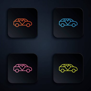 Renkli neon hattı lüks limuzin araba ikonu siyah arka planda izole edildi. Dünya prömiyeri ünlüleri ve konuk posterleri için. Kare düğmelere simgeleri yerleştir. Vektör.