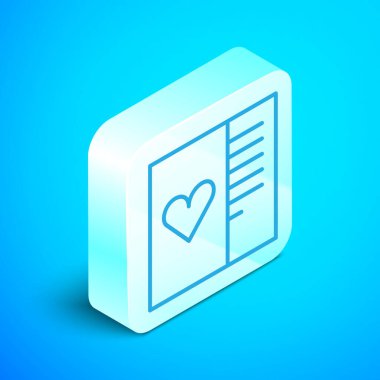 Mavi arka planda kalp ikonu olan Isometric hattı kartpostalı. Mesaj aşkım. Aşk ve romantizm mektubu. Gümüş kare düğme. Vektör.