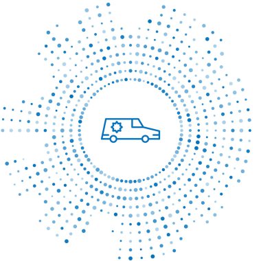 Mavi çizgili cenaze arabası ikonu beyaz arka planda izole edildi. Soyut çember rastgele noktalar. Vektör.