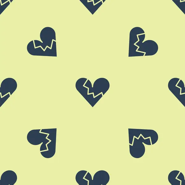 蓝色破碎的心或离婚图标隔离无缝图案的黄色背景 爱情的象征情人节 — 图库矢量图片