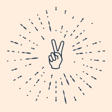 Siyah El, bej arka planda izole edilmiş iki parmak ikonu gösteriyor. Zafer el işareti. Soyut çember rastgele noktalar. Vektör İllüstrasyonu.