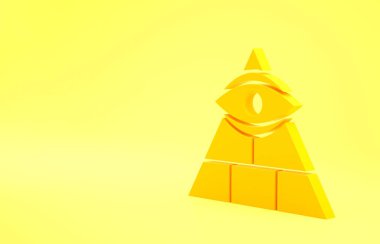 Sarı Masonların sembolü Tanrı 'nın her şeyi gören ikonu sarı arka planda izole edilmiş. Üçgendeki Tanrı 'nın Gözü. Minimalizm kavramı. 3d illüstrasyon 3d canlandırma.