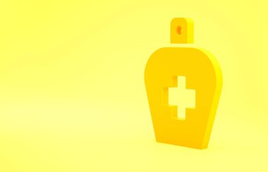 Sarı arkaplanda izole edilmiş şeker ikonu olan sarı sıvı antibakteriyel sabun şişesi. Antiseptik. Dezenfeksiyon, hijyen, cilt bakımı. Minimalizm kavramı. 3d illüstrasyon 3B canlandırma.