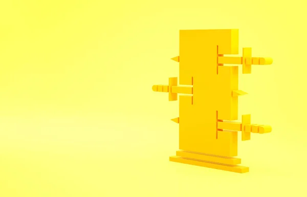 Yellow Magic box, trunk for magic tricks icon isolated on yellow background. Show with knives, piercing the box with swords. Minimalism concept. 3d illustration 3D render.