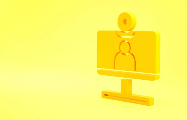 Yellow Video chat conference icon isolated on yellow background. Computer with video chat interface active session on screen. Minimalism concept. 3d illustration 3D render.