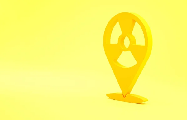 Yellow Radioactive in location icon isolated on yellow background. Radioactive toxic symbol. Radiation Hazard sign. Minimalism concept. 3d illustration 3D render.