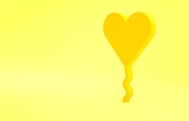 Sarı arkaplanda izole edilmiş kurdele ikonu olan kalp şeklinde sarı balon. Sevgililer Günü. Minimalizm kavramı. 3d illüstrasyon 3B canlandırma.