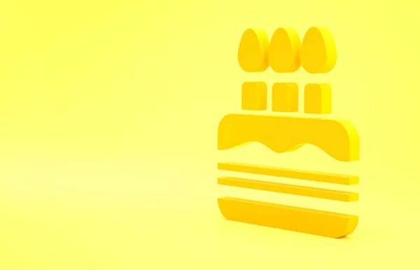 黄色の背景に隔離された燃えるろうそくのアイコンと黄色のケーキ 誕生日おめでとう 最小限の概念 3Dイラスト3Dレンダリング — ストック写真