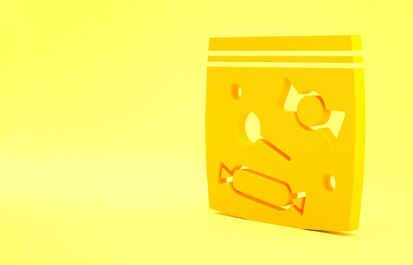 Yellow Candy packaging for sweets icon isolated on yellow background. Bag with candy. Minimalism concept. 3d illustration 3D render.