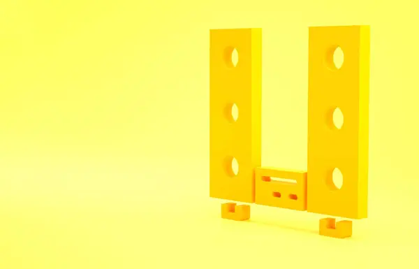 黄色家庭立体声与两个扬声器的图标隔离在黄色背景 音乐系统 最低纲领的概念 3D说明3D — 图库照片
