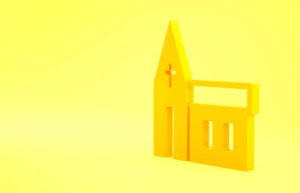 Yellow Church building icon isolated on yellow background. Christian Church. Religion of church. Minimalism concept. 3d illustration 3D render.