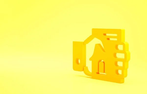 黄色の背景に隔離された手のアイコンに黄色の死の証明書 最小限の概念 3Dイラスト3Dレンダリング — ストック写真
